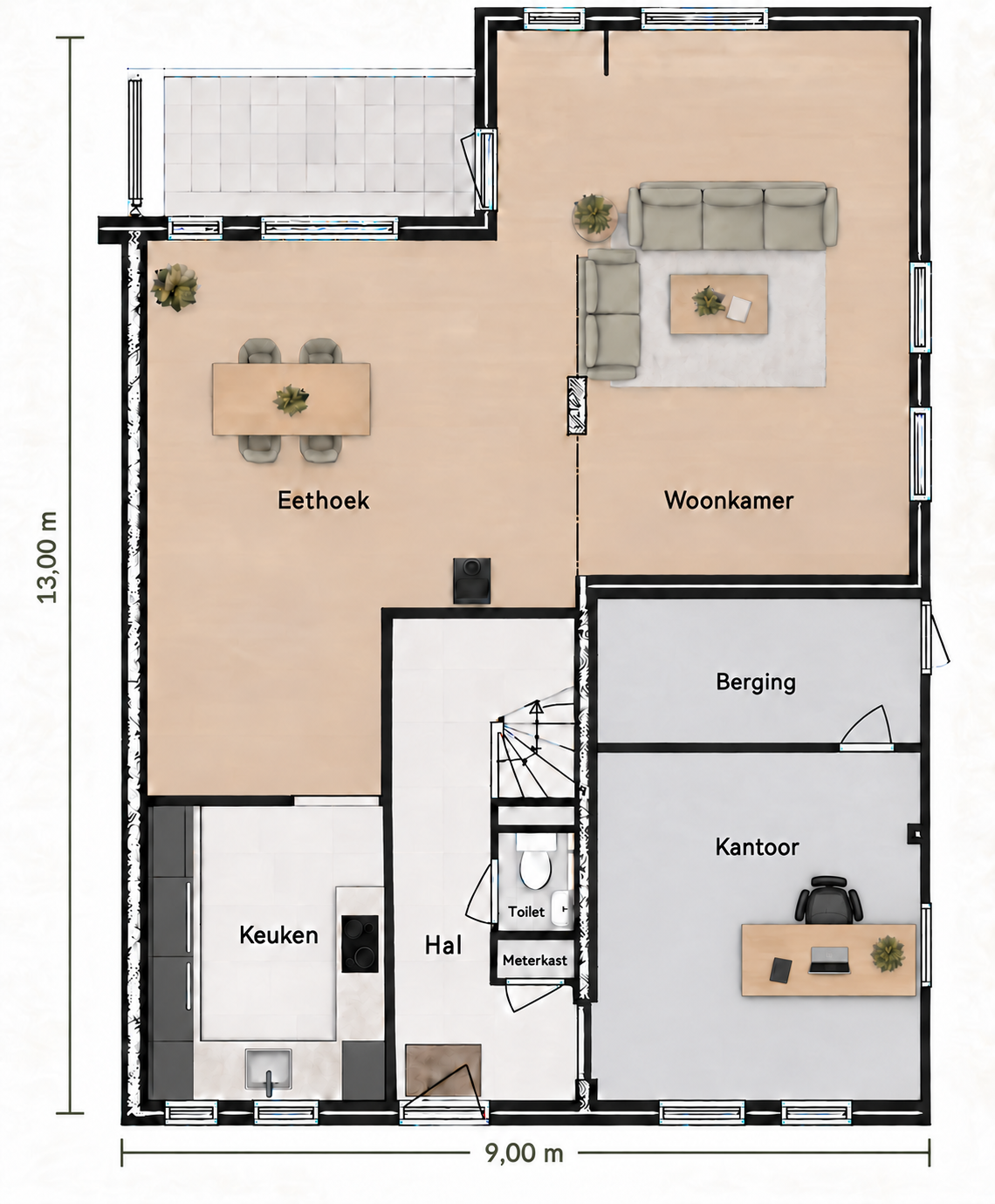 Plattegrond begane grond, gecorrigeerde oriëntatie
